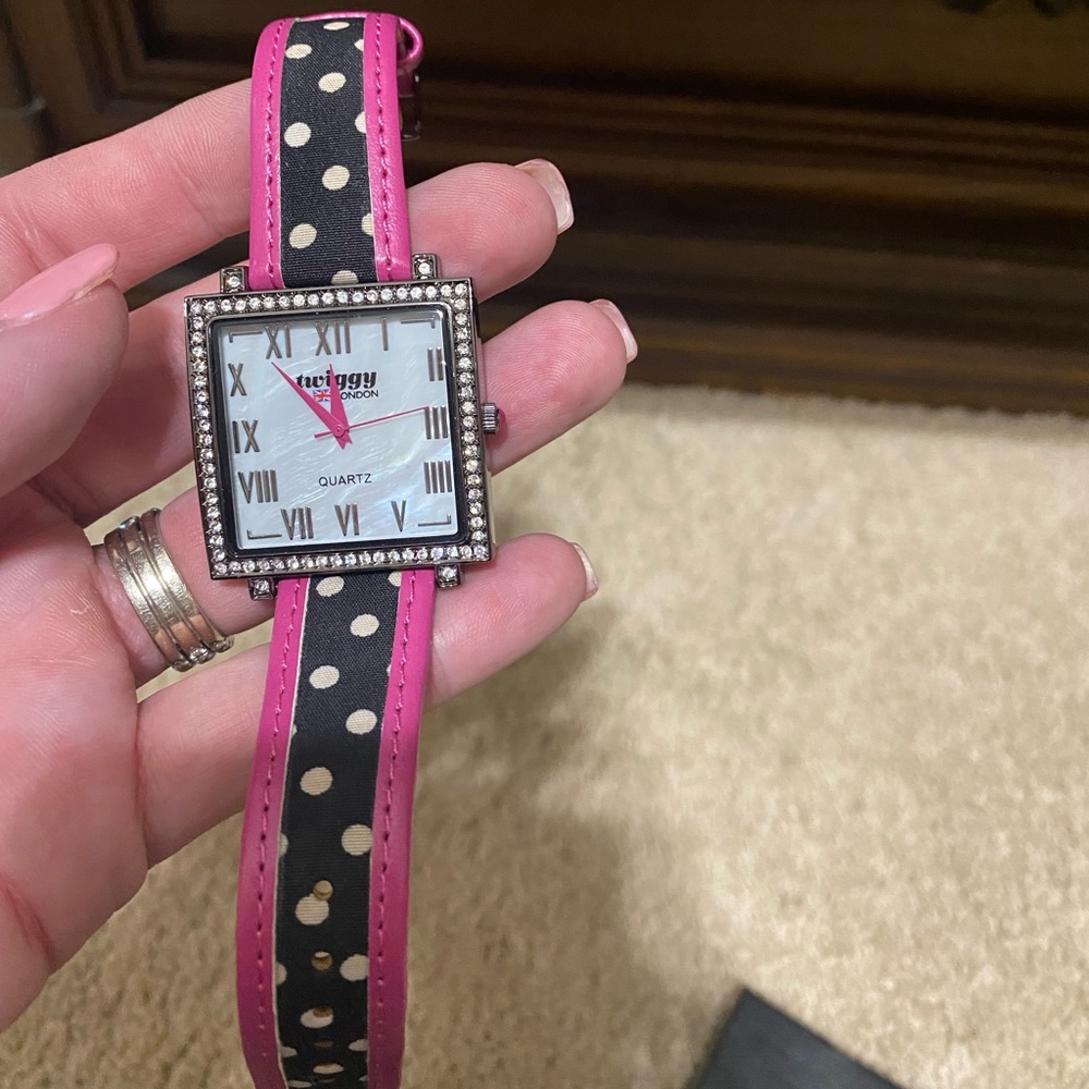 Twiggy London Square Face Pink, Black and White Band Watch